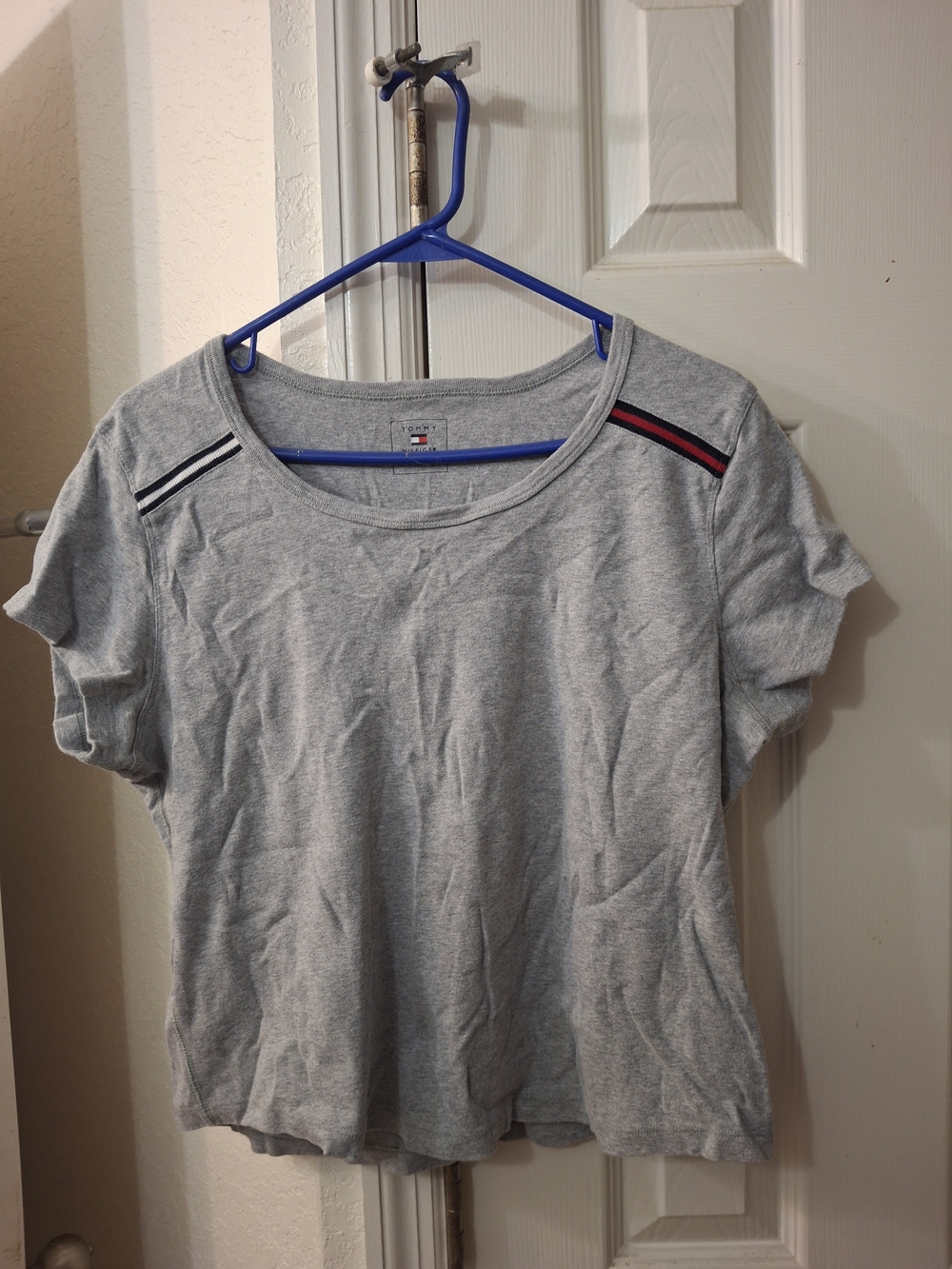 Tommy Hilfiger Light Gray Short Sleeve Tee with Signature Shoulder Stripes
